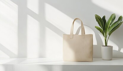 Beige canvas tote bag on a white shelf, beside a potted plant, bathed in sunlight