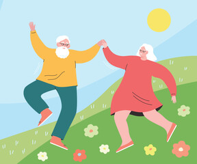 Elderly couple dancing against the background of summer flowers. Grandma and grandpa are active enjoying life in the fresh air. Vector flat graphics.