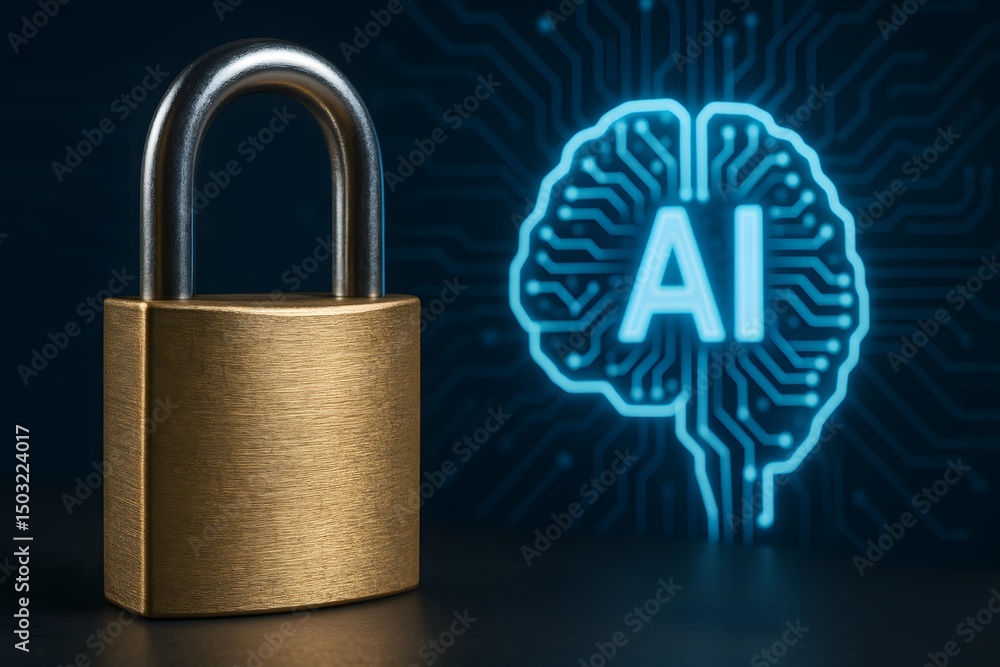 Poster ai and security: protecting the future, a symbolic depiction of artificial intelligence and data sec