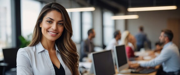Beautiful Latin businesswoman radiates confidence in office while coworkers stay busy.

