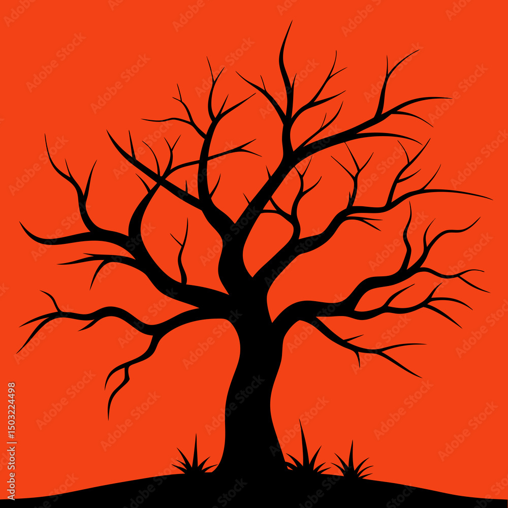 Poster silhouette of a bare tree with branches against an orange background in a square format design