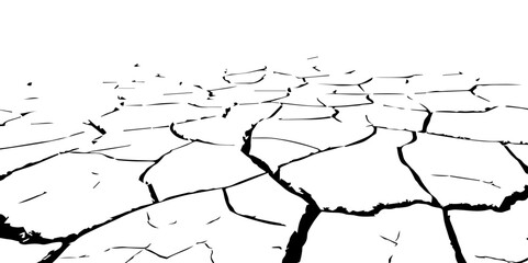 A high-contrast, black and white illustration of a cracked, parched landscape, resembling dried earth in a drought-stricken area. The deep fissures spread across the barren ground, creating an abstrac