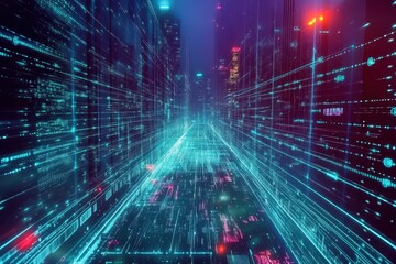Digital cryptocurrencies operate within a dynamic blockchain network featuring vibrant data streams and interconnected nodes under a futuristic cityscape at night