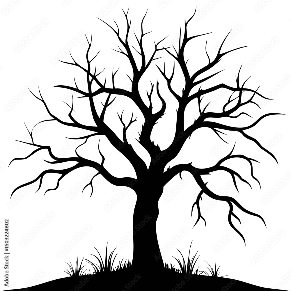 Poster a stark silhouette of a bare tree with intricate branches against a white background in monochrome a