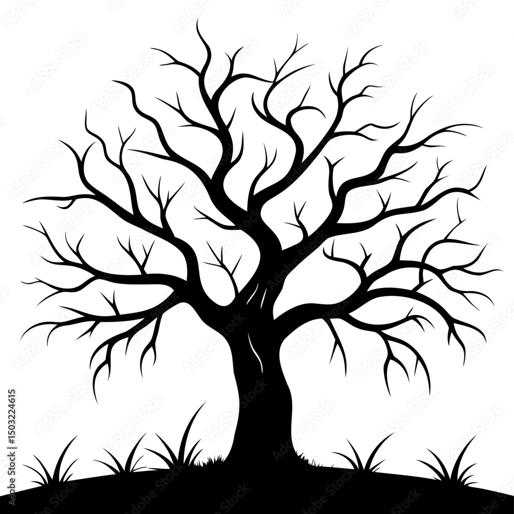 Poster a silhouette of a bare tree with many branches and small patches of grass at the bottom of the trunk