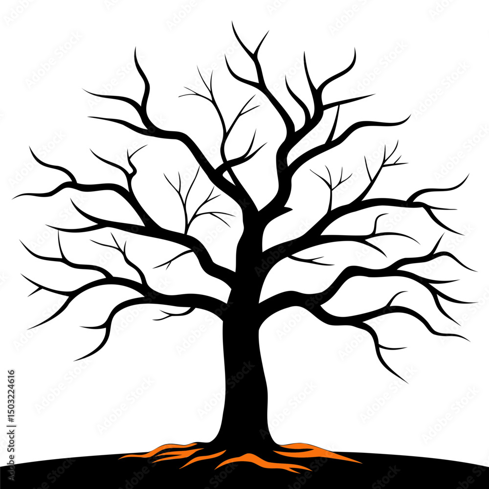 Poster silhouette of a bare tree with visible roots and branches against a white background in vector art