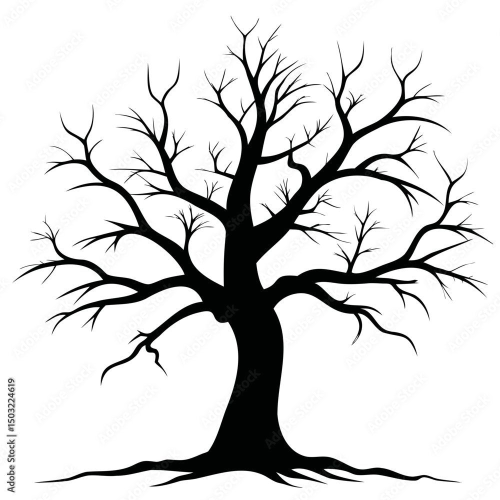 Poster silhouette of a bare tree with intricate branches extending upwards against a white background in ve