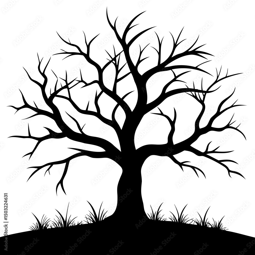 Aufkleber silhouette of a bare tree with many branches and some grass at the bottom in black and white style