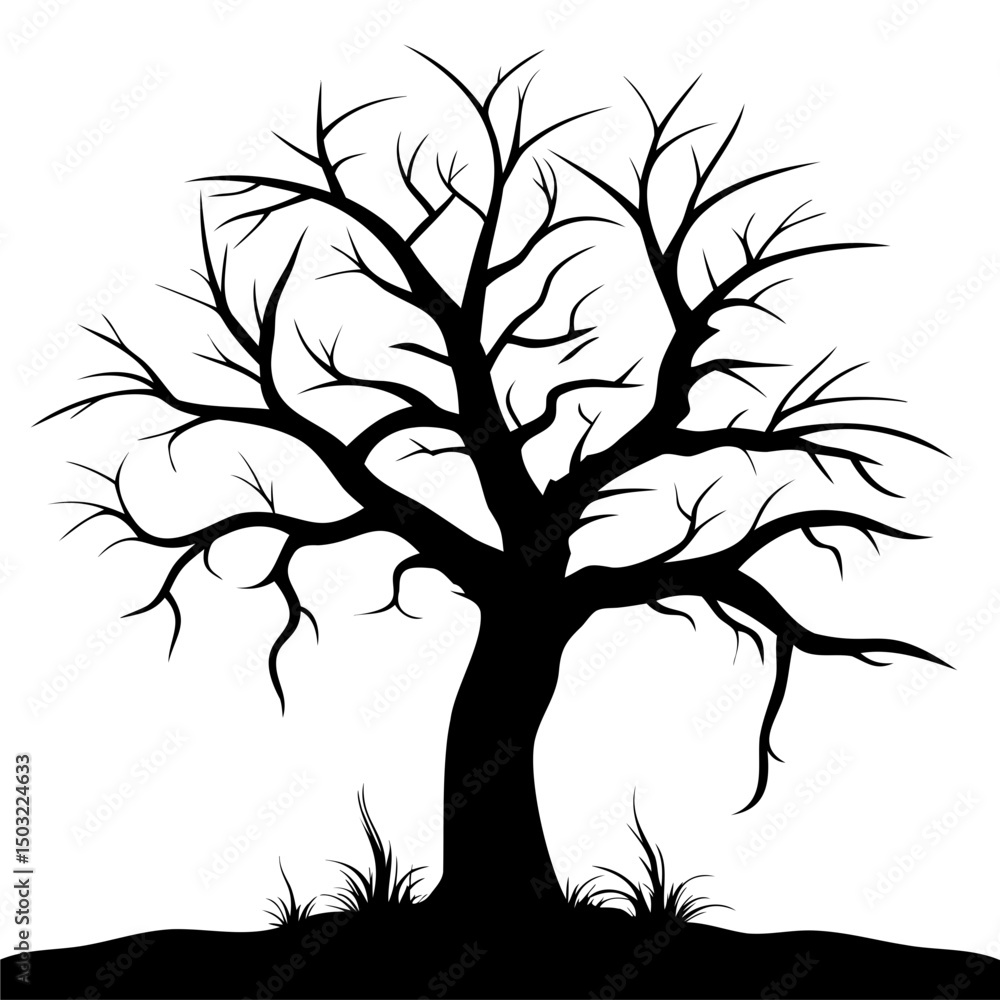 Aufkleber silhouette of a bare tree with intricate branches and a few blades of grass at its base design