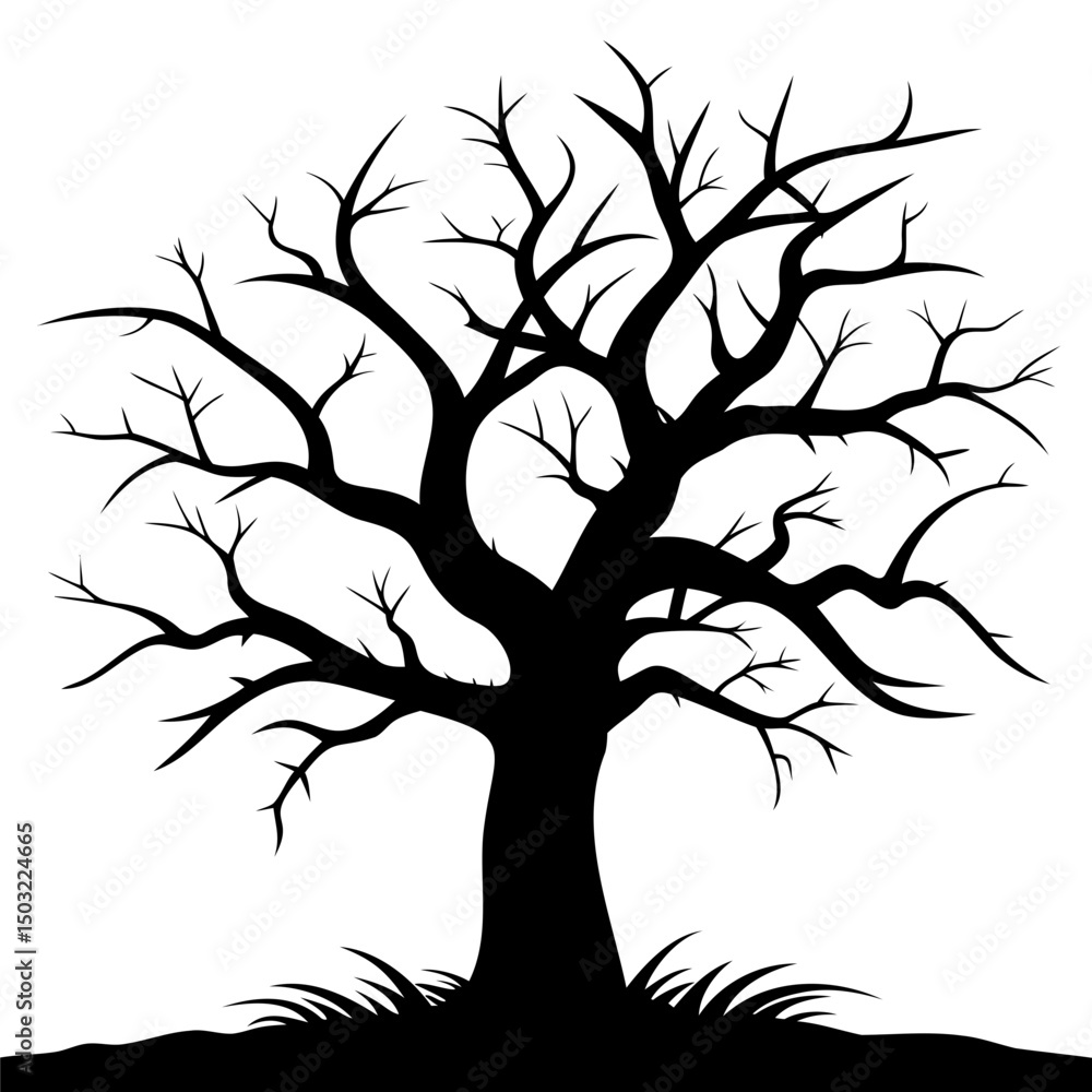 Aufkleber silhouette of a bare tree with intricate branches and roots against a white background in vector art