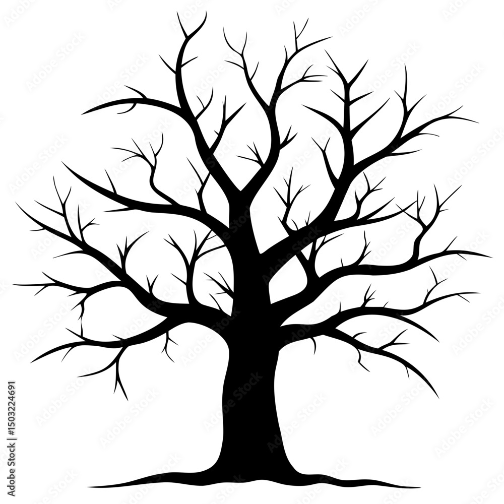 Poster silhouette of a bare tree with intricate branches extending upwards against a white background desig
