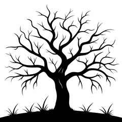 A silhouette of a bare tree with many branches and small patches of grass at the bottom of the trunk