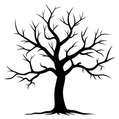Illustration of a bare tree silhouette with many branches reaching towards the sky on white background