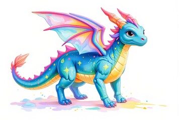 Fototapeta premium A vibrant blue dragon with rainbow-colored wings and spikes stands on a colorful paint splatter isolated on White Background