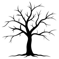 Illustration of a bare tree with many branches and roots in black silhouette against white background