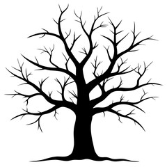 Silhouette of a bare tree with intricate branches extending upwards against a white background design element