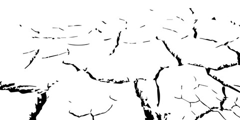  A stark, black and white vector illustration of cracked ground, viewed from a low angle.