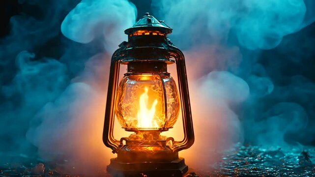 Vintage lantern with burning flame in smoky environment