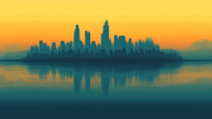 Fototapeta premium City skyline reflected on tranquil water at sunset.