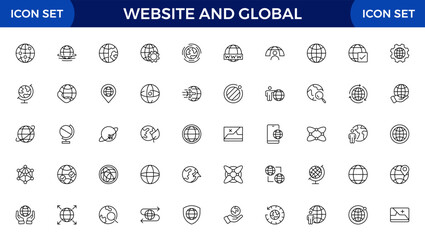 Website and global line icon collection. World Map, connections, global, business, network, navigation and globe icon set. © Iconicly
