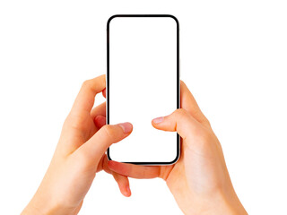 Person holding mobile phone in hand, blank white screen mockup on transparent background