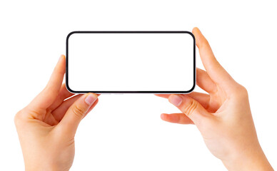 Plakat Person holding mobile phone in hand, blank white screen mockup on transparent background