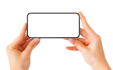 Person holding mobile phone in hand, blank white screen mockup on transparent background
