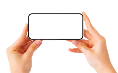 Fotobehang Person holding mobile phone in hand, blank white screen mockup on transparent background © Kaspars Grinvalds