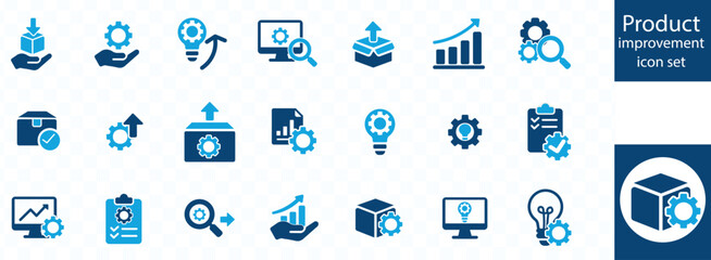 Product improvement icon set Creativity, designing, packaging, analysis, dispersion, product explanation, basket, marketing, intellectual and best solid icon set