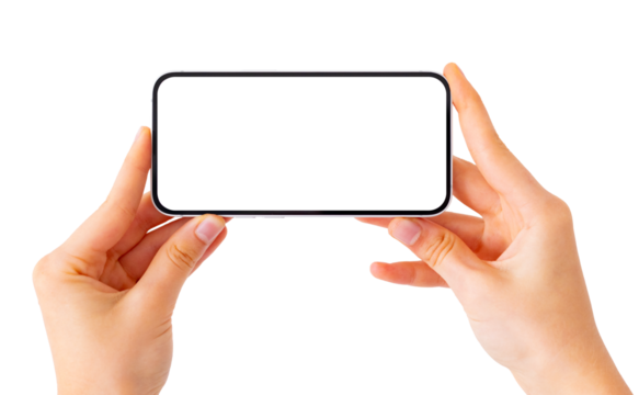 Person holding mobile phone in hand, blank white screen mockup on transparent background
