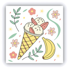 Colorful Beach Summer Illustration with Pineapple Watermelon Starfish Sunglasses Banana Umbrella
