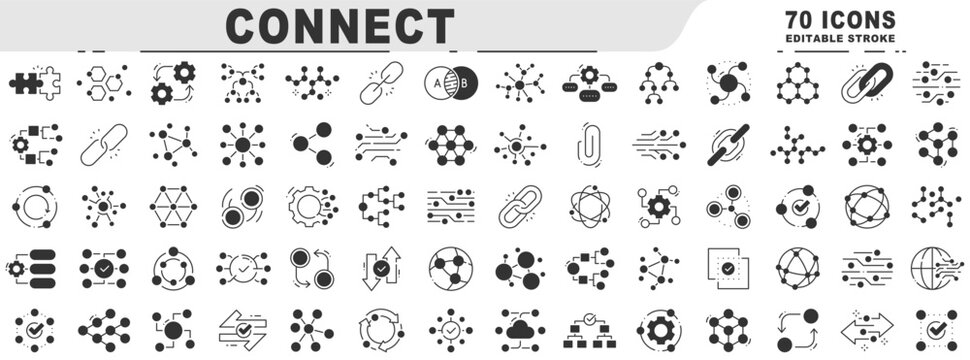 Big set of connect related black line icons. Editable stroke