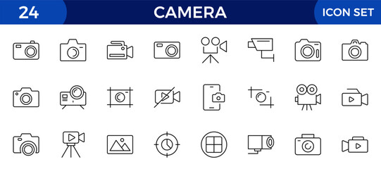 Camera line icon collection. Photography, video, shooting, camera lens, tripod, studio, action camera and camera and equipment line icon set