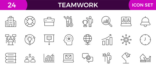 Teamwork linear icons collection. Set of coworking space icons. Business teamwork, team building, work group.