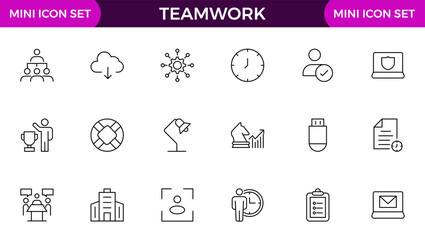 Teamwork linear icons collection. Set of coworking space icons. Business teamwork, team building, work group.
