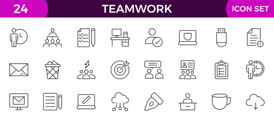 Teamwork linear icons collection. Set of coworking space icons. Business teamwork, team building, work group.
