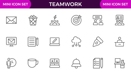 Teamwork linear icons collection. Set of coworking space icons. Business teamwork, team building, work group.