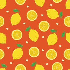 Seamless Hand Drawn Ripe Lemons And Hearts Pattern Design Orange Background