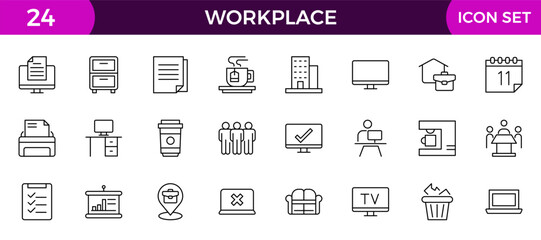 Workplace web icons in line style. Employ, conference, project, document, business, work, support, contact us, productivity strategy, collection.