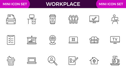 Workplace web icons in line style. Employ, conference, project, document, business, work, support, contact us, productivity strategy, collection.