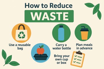 Zero Waste Lifestyle Illustration with Reusable Bag, Water Bottle, and Meal Planning