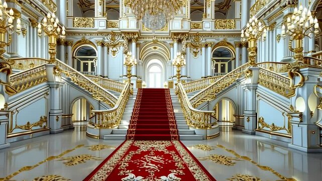 Elegant Hallway: A breathtaking view of a luxurious grand hallway, the gold and marble details, a red carpet, and an architectural masterpiece that evokes opulence and grandeur.