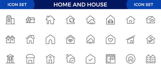 Home and house line icon collection. Real estate, building, key, smart home, family, home loan, rent house and management icon set. UI outline icons pack