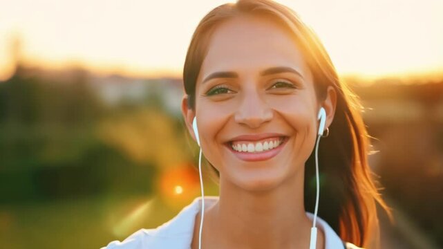 Attractive woman with brown hair listening to music through wireless earbuds outdoors at golden hour sunset, smiling joyfully while dancing to rhythm with warm bokeh background