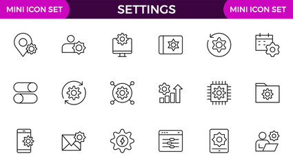 Settings, icon set. Containing options, configuration, preferences, adjustments, operation, gear, control panel, equalizer, management, optimization and productivity icons.