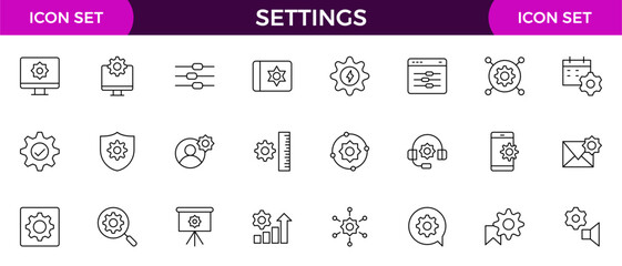 Settings, icon set. Containing options, configuration, preferences, adjustments, operation, gear, control panel, equalizer, management, optimization and productivity icons.