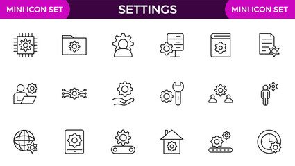 Settings, icon set. Containing options, configuration, preferences, adjustments, operation, gear, control panel, equalizer, management, optimization and productivity icons.