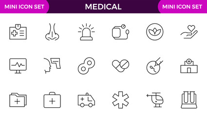 Set of Medical web icons in line style. Medicine and Health Care, RX. Medicine, check up, doctor, dentistry, pharmacy, lab, scientific discovery, collection.