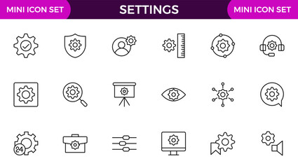 Settings, icon set. Containing options, configuration, preferences, adjustments, operation, gear, control panel, equalizer, management, optimization and productivity icons.