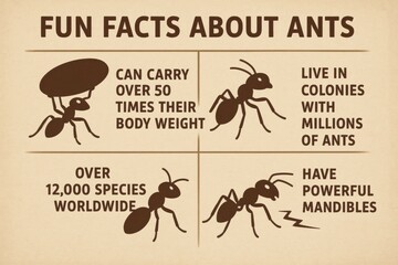 Ants infographic showing facts about carrying weight and species around the world
